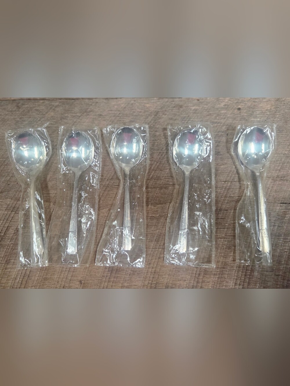 5 Vintage Sealed Oneida 1938 Grenoble Stainless Steel Round Soup Spoons ~ Bin O